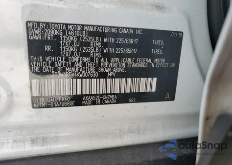 2019 Toyota Rav4 Xle из США, поврежденный, VIN 2T3W1RFV4KW007630